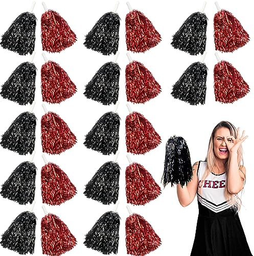 Lovecheer 24 Stück schwarz-rote Metall-Pompons mit Griff – Teamgeist jubeln für Party, Tanz, Sport und mehr