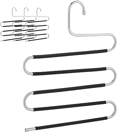 Relaxdays Mehrfach Hosenbügel, 4er Set, S-Form, 5 Stangen, rutschfest, platzsparende Multibügel, Metall, Silber/schwarz