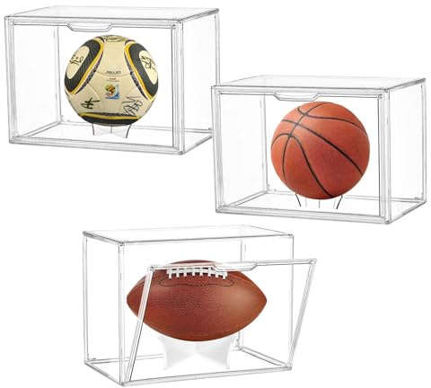 AAABOX Vetrina Pallone da Calcio Acrilica Trasparente Impilabile con Stand,3 Pz 40x25x30cm Scatola Espositiva Grande Antipolvere con Porta per Basketball Pallavolo Giocattoli