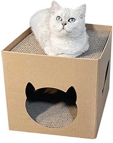 Maison Chat avec Tableau à Gratter pour Chat, Boîte à Gratter en Carton Ondulé pour Chat d'intérieur, Grattoir pour Chat en Carton, Lit Cachette Chat en Carton pour et Jouer, 30x30 0cm