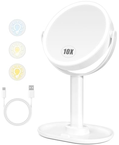 Vankarr Schminkspiegel mit Beleuchtung Kosmetikspiegel Doppelseitiger, 1X/10X Rasierspiegel Vergrößerungsspiegel mit Licht, 3 Lichtfarben und Dimmbare Helligkeit, 360° Schwenkbar für Zuhause Reisen