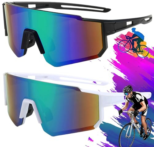 2 Stück Sport Sonnenbrille, Polarisiert Fahrradbrille, Fahrradbrille Winddicht, Schnelle Brille, Schnelle Brille Rave, Radfahrer Brille für Herren Damen UV400 Schutz für Outdooraktivitäten