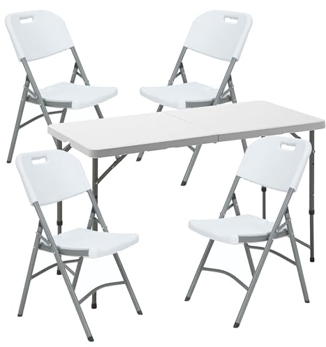 Mesa Plegable Multifuncional de Altura Regulable 120x60x52,5-75 cm, y Set de 4 Sillas Plegables 51x45x85,5cm, Ideal para Exteriores