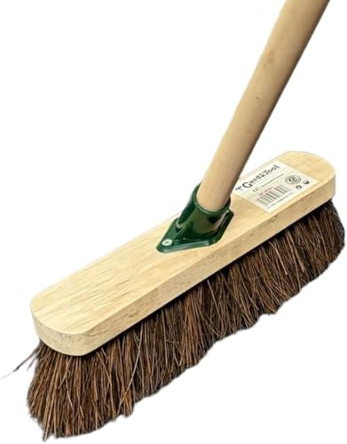 Novostyl 12” inch Stiff Yard Brush Heavy Duty Outdoor Garden Broom with Durable Support Bracket, 120 cm Wooden Handle, Natural Bassine Bristles, Ideal for Concrete, Patio, Driveway