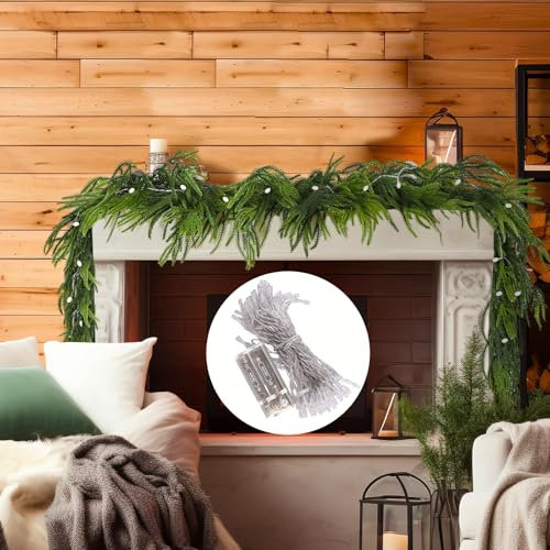 9.8FT Christmas Norfolk Garland with Lights, Artificial Pine Cypress Vines Lighted Cedar Garland for Mantle, Faux Greenery Real Touch Holiday Garland Christmas Indoor Decoration (9.8FT Norfolk)