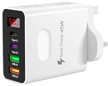 QC3.0, 45W, USB Wall Charger, 4 Ports, 5V/3.1A, Type-C, LED Display, Quick Charge (White)