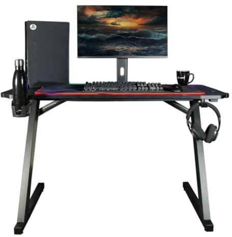 Konix Bureau Gaming Spectra 120 x 60 x 75 cm en Forme de Z - 30 Modes éclairage LED - Structure Table métal - Porte-gobelet - Support Casque - Noir