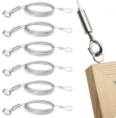 6 Stück Stahlseil mit Ösen und Haken, Drahtseil Einstellbar Edelstahl Seil Seilaufhängung 2m X 1.5mm Edelstahlseil für Hängen Spiegel Gemälde Lampen und Kunstwerke, Max 30kg