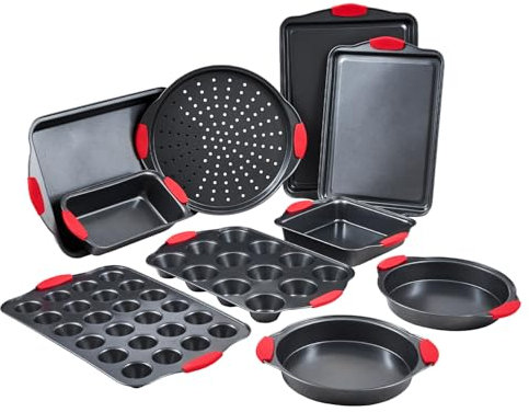 VEVOR Juego de Sartenes para Hornear, 10 Piezas, Bandejas y Hojas de Acero al Carbono Antiadherentes, Utensilios de Cocina Apilables para Horno con Asas de Silicona, Fáciles de Limpiar, Negro