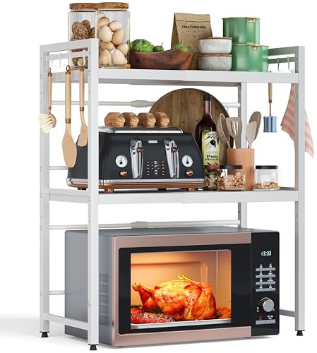 NETEL 3 Tier Expandable Microwave Shelf, Metal Microwave stand Countertop | Over Microwave Shelf Unit with 8 Hooks, Adjustable Height Microwave Rack, Kitchen Shelves, airfryer stand 25 kg max load/Tier