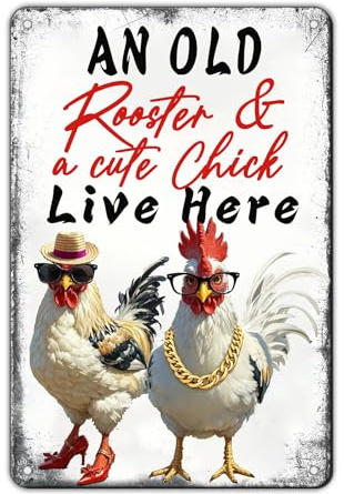 KIYOYO Chicken Metal Signs Chicken Coop Accessories Tin Sign Rooster Wall Decor Vintage Style An Old Rooster And A Cute Chick Live Here Tin Plaque For Farmhouse Garden Gate Fence Yard Decor 12x8 Inch