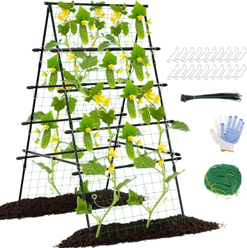 1,8 m Gurkenspalier für Hochbeet, Gartenspalier für Kletterpflanzen im Freien, EIN Rahmen aus Metall, Rankhilfe mit Netz für Gemüse, Tomaten, Zucchini, Kürbisbohnen, Erbsen, Melonen, Rosenblumen