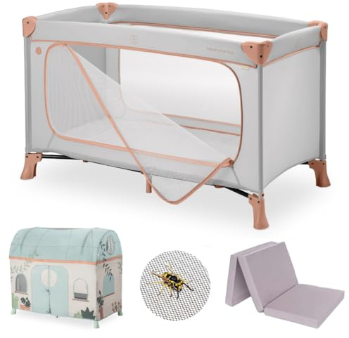 hauck Kinderreisebett Dream N Play Plus – XXL Zubehörpaket mit Matratze, Spielzelt & Insektenschutz, faltbar & klappbar, Tasche & großem Eingang – Dusty Cork