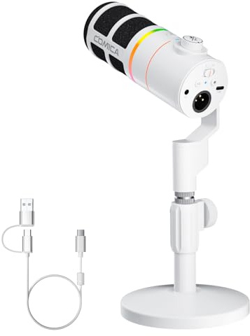 COMICA EJoy D10 XLR/USB-C Dynamic Microphone for Podcasting Recording, Wired Live Streaming Mic with Dynamic RGB, Mute, Noise Reduction, Gain,for Gaming, Live Streaming, YouTube(White)