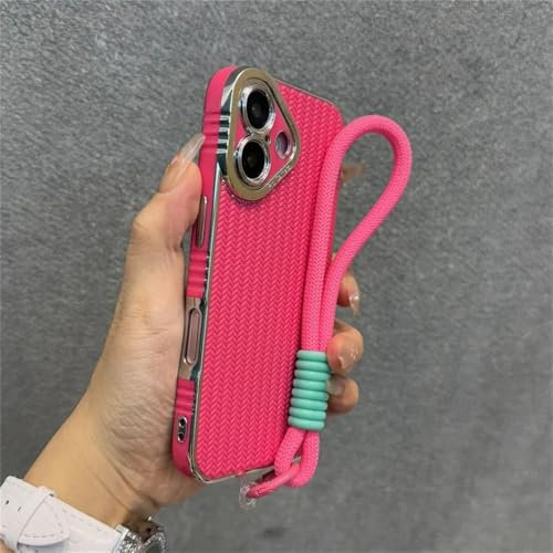 VFDHN Strickkorn mit Umhängeband, Handyhülle für iPhone 11 12 13 14 15 16 Pro Max Plus, Bumper, weiche Silikonhülle, Rosarot, für iPhone 15