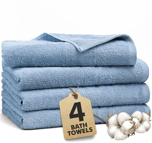 Novo Home Bath Towels Set of 4 – 550 GSM 100% Cotton Sky Blue Extra Large Towels for Bathroom, Spa Use (70x140 cm) – Super Soft and Quick Dry Large Bath Sheets for Adults