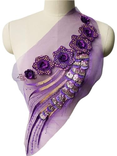 PVGYUJFD décorations brodées, Robe brodée en Dentelle à Fleurs Violettes, Tissu à Paillettes et Pampilles, avec des Appliques de col en Maille, Patch Cousu for décoration de Mariage, Robe DIY