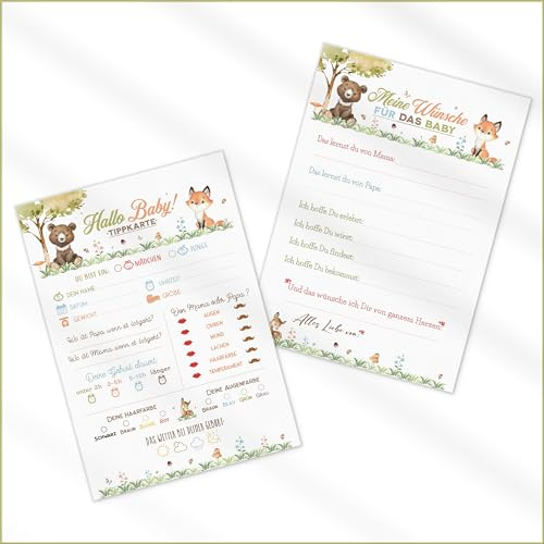 20x Waldtiere Baby Tippkarten DIN A5 (14,8x21 cm) | Babyparty Spiel | Baby Ratespiel | Babyparty Ausfüllkarten | Babyshower Geschenk | Babytippkarten | Karten zum Ausfüllen | Beidseitig bedruckt