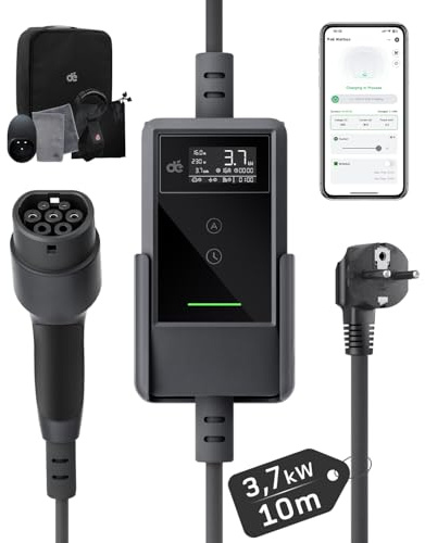 dé 3,7 kW elbilsladdare med app [10 m, 6–16 A] schuko laddkabel för elbil med väggfäste, digital LCD-laddare av typ 2, kompatibel med E-208, Model Y, E-Tech och andra elbilar/laddare med hybridteknik