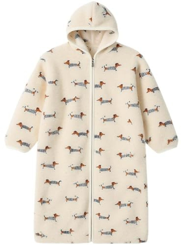 HiyyFloy Damen-Bademantel Dackelmotiv, Kapuze Und Reißverschluss, Flanell-Bademantel, Hausmantel, Damen-plüsch-Fleece, Warme Nachtwäsche, Langer Pyjama, Nachthemd