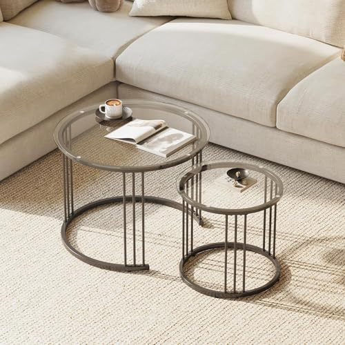 Huhote Round Coffee Tables, Set of 2 End Table, Nesting Tables, Side Table with Metal Frame for Living Room/Bedroom/Balcony/Office/Apartment, Diameter 23.6/15.7 IN (Black with Clear Glass)