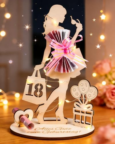 18. Geburtstag Mädchen Geldgeschenke Geburtstag, mit LED Lichterkette | Holz Mädchen Silhouette Geldgeschenk - Alles Gute zum Geburtstag