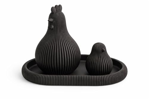 Alupedia ELIN Osterdeko Set Modern – 2er Hühner Figuren (13 cm & 7 cm) mit Tablett – Skandinavische Osterdeko Beige – Frühlingsdekoration & Tischdeko für Wohnzimmer, Regal & Sideboard (Schwarz)