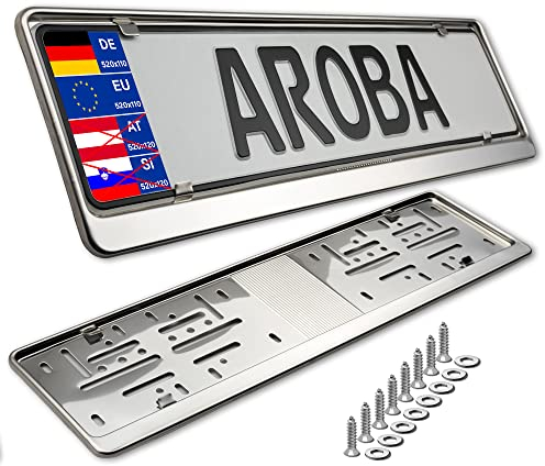 AROBA 2X Premium Auto Kennzeichenhalter 100% Edelstahl POLIERT für Deutschland und EU (Kennzeichen der Größe 520mm x 110mm) Nummernschildhalter Kennzeichenhalterung INOX Rostfreier Stahl V2A
