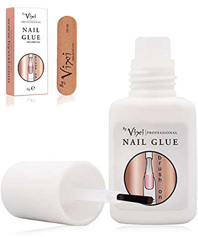By Vixi 8g EXTRA STARKER NAGELKLEBER mit BÜRSTE und GRATIS VORBEREITUNGSDATEI Klarer Sofort-Trockenkleber, professionelle Salonqualität