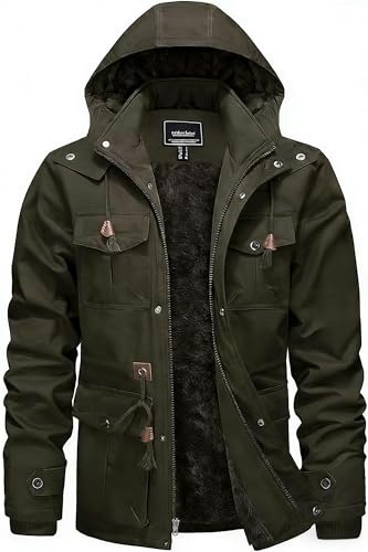 KEFITEVD Giacca vintage da uomo, elegante, giacca in pile con cappuccio rimovibile, giacca casual per attività all'aperto, #72 Oliva scura, M