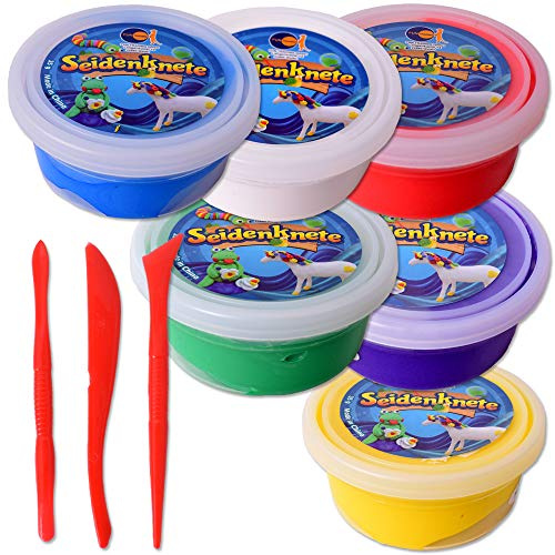 TE-Trend 6 Stück Knete Set Knetmasse Seidenknete Spielknete Softknete Basteln Modellieren Kinder 6x35g Mehrfarbig