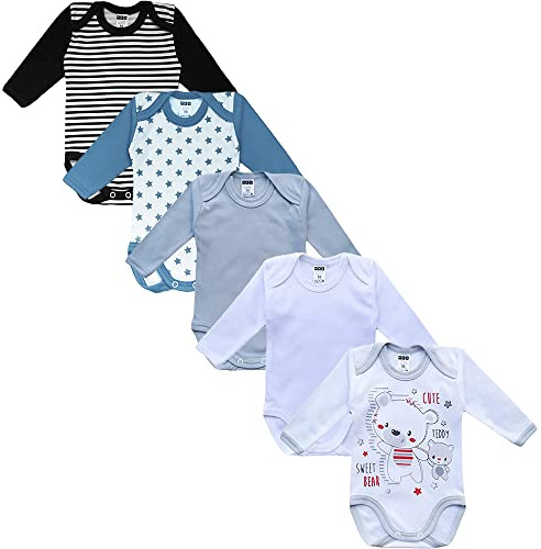 MEA BABY Unisex Langarm Body aus 100% Baumwolle im 5er Pack, Mit Aufdruck für Mädchen und Jungen (98, Jungen 2)