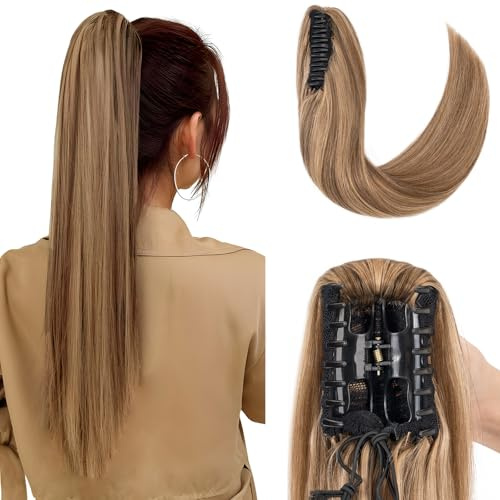 Elailite Haarverlängerung Zopf Extensions Echthaar 50cm 120g Haarteile mit Klammer Pferdeschwanz Ponytail Remy Glatt Human Hair 20 #4/27 Mittelbraun＆Dunkelblond
