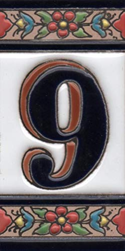 Chiffres et lettres en céramique pour maison - Motif floral rouge, bleu et vert - Dimensions : 11 x 5,5 cm (numéro 9)