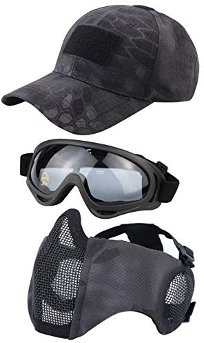 Hodeacc Taktische Maske, Baseballkappen-Set, Verstellbare Halbgesichtsmaske Mit Ohrenschutz, Anti-UV-Brille, Augenschutz, Outdoor-Hut für Airsoft/BB/CS-Spiele, 3-Teilig