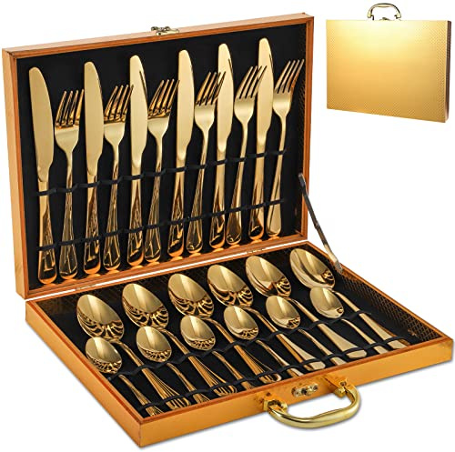 Dicunoy 24 PCS Gold Silverware Set, Flatware Forks and Spoons, Stainless Steel Gold Plated Cutlery Utensils with Storage Case for Wedding Festival Easter Party Dinner Table, Service of 6