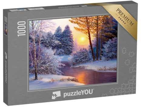puzzleYOU: Puzzle 1000 Teile „Winterlandschaft mit Fluss, Ölgemälde“ – aus der Puzzle-Kollektion Natur, Kunst & Fantasy