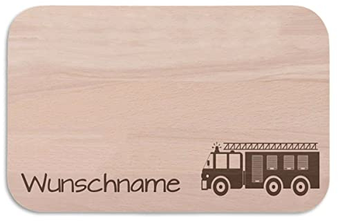 GRAVURZEILE Frühstücksbrettchen Brotzeitbrett mit Gravur - Feuerwehr Design - mit Wunschname - Geschenk für Kinder