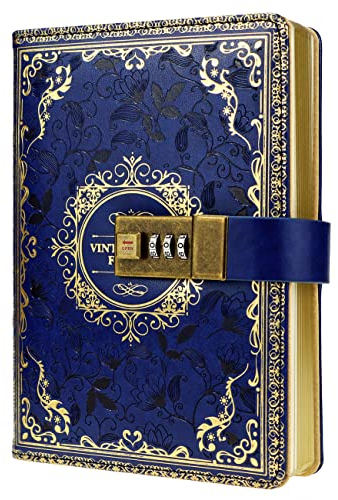 Mazeran Combination Lock Journal, Vintage Elegant Leather Hard Cover Floral Embossed Notebook Diary, 256 Pages Lined Golden Gilded Password Locking Personal Planner, Gift for Women Girls