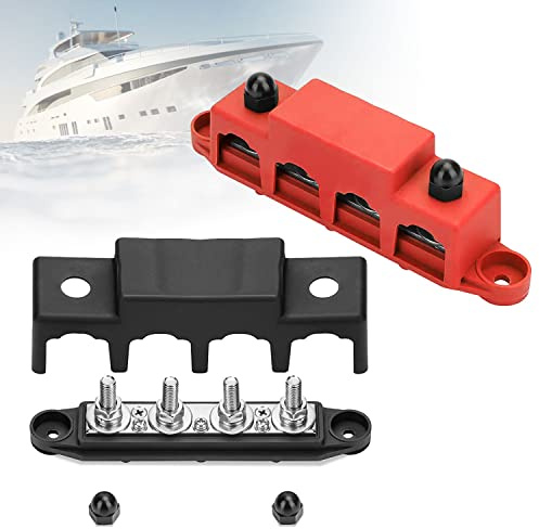Suitedget B-054-2 Bornier Electrique 12v-48V Dc Avec 4 Blocs De Connexion M8 Pour Blocs De Distribution Électrique Avec Mise à La Terre Pour Voitures, Caravanes, Bateaux, Yachts (Rouge, Noir)