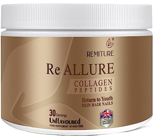 REMITURE Collagen Powder, Type 1 & 3, Unflavoured, Grass-Fed Hydrolysed Protein Peptides, 18 Amino Acids, Kosher, Halal, for Muscles, Healthy Skin, Hair, Nails, Joints, Gut (150 Grams)