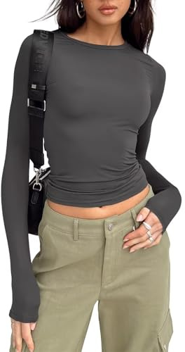 LACOZY Women's Slim Fit Going Out Crop Tops Casual Solid Color Crew Neck Long Sleeve Tight Tee Shirt Basic Streetwear