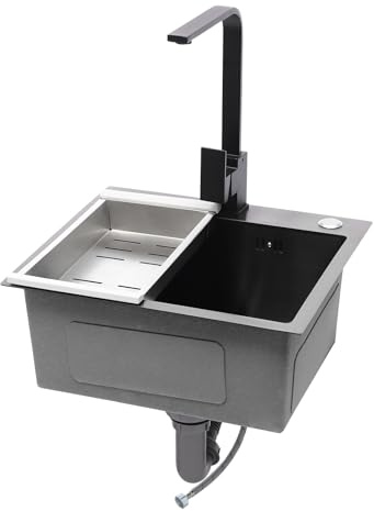 Spüle Spülbecken Edelstahl Spülbecken Schwarz Grau Eckig Einbauspüle Küche Einzelbecken Waschbecken Küche Eckig Küchenspüle mit Seifenspender, Abflusskorb, Armatur