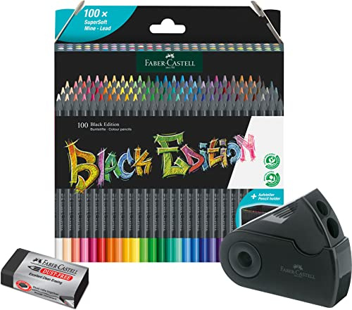 Faber-Castell 116411 - Buntstifte Edition, 100er Kartonetui, bruchsicher, für Kinder und Erwachsene (100er Malset) inkl. Spitzdose Sleeve und Radierer Dust-free