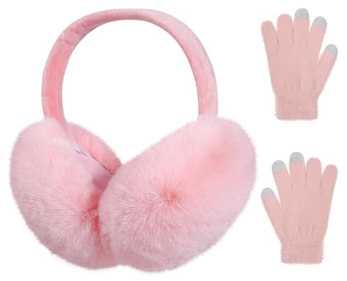 BEAREA Women's Winter Foldable Plush Ear Muffs and Gloves Set, Warm Ear Warmers and Covers
