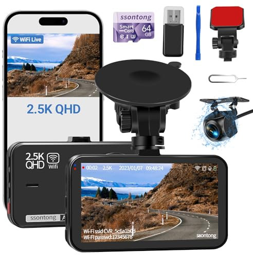 Dash Cam Front and Rear, Dashcam WiFi/APP Control Car Camera Dash Cam W/ 64GB Card, 2.5K Dash Cam Front + 1080P Rear Dash Camera W/Super Night Vision, Loop Recording, G-Sensor, Max Support 256GB