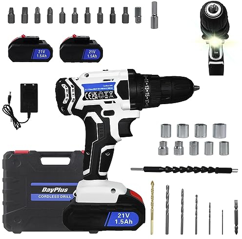 Akku-Bohrschrauber Akkubohrer 21V Akkuschrauber Set mit 2×1,5Ah Akkus, LED Licht, 2 Geschwindigkeitsstufen, 45Nm, 25+1 Drehmomentstufen, Akku Bohrmaschine Schrauber mit 26tlg Zubehör, Kit-Kasten