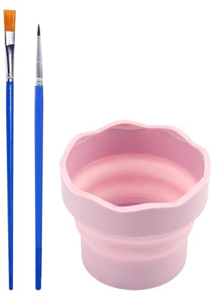 1 Collapsible Water Cup with 2 Paint Brushes, Silicone Bucket, Brush Cleaner, Portable Water Bucket, Silicone Collapsible Cup, Painting Tools for Watercolor, Water-Based Paint, Pink