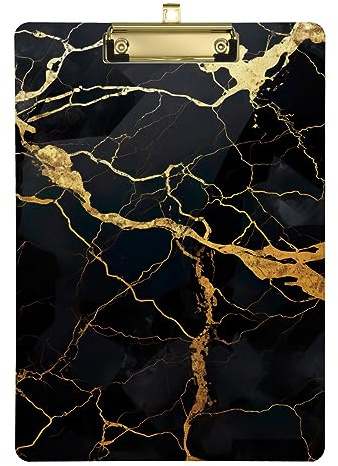 Schwarze und goldene Klemmbretter mit Marmormuster, flaches Profil, für Klassenzimmer, Büro, Krankenpflege, A4, Briefgröße, 31,8 x 22,9 cm, Goldclip