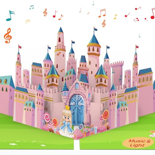 Carte d'anniversaire pop-up 3D musicale avec lumières (petite princesse et château)